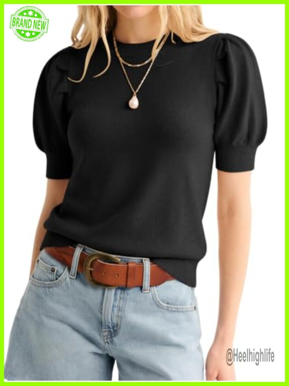 Women's Puff Sleeve Knit Sweater Crewneck Lightweight Casual Spring Summer Top